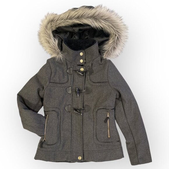 London Fog Jacket Faux Fur Hood Gray Coat Alpine Swiss Parka Size Girls Large 14 - Picture 1 of 16